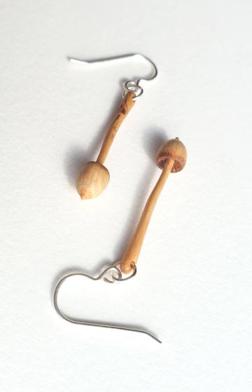 Magic Mushroom Earrings Psilocybin Liberty cap in Yew wood : $48