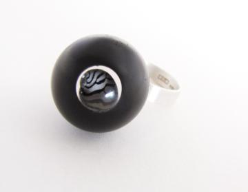 Contemporary Ring Sphere Ebony and Zebra shell magnified : $110